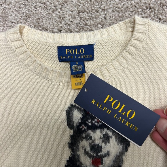 NWT Polo Ralph Lauren Dog Intarsia Crewneck Sweater Boys Size 3 Husky Cream - Picture 2 of 9